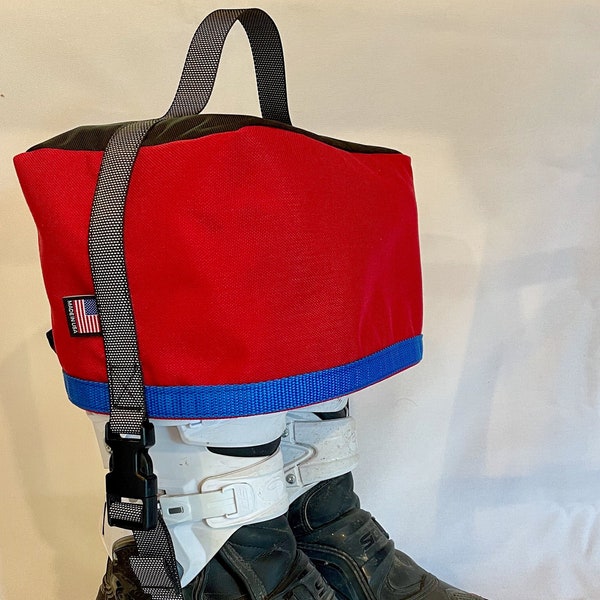 Red with Blue Webbing, Motocross Boot Carrier, W/ Optional Custom Embroidery