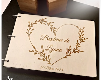 Livre d'or baptême et mariage en bois, livre d'or personnalisé