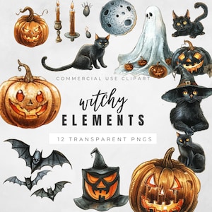 Witchy Halloween Clipart PNG | Potions, Black Cat, Cauldron & Broom Graphics