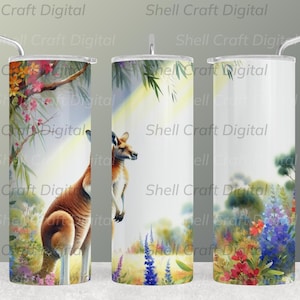 Kangaroo in the sun wildflowers australian sublimation uv dtf - a kangaroo in a garden, instant download Kangaroo tumbler wrap