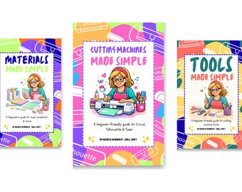 Könnte beinhalten: Drei farbenfrohe Bücher mit den Titeln "Materials Made Simple", "Cutting Machines Made Simple" und "Tools Made Simple". Jedes Buch zeigt eine Illustration einer Frau und Text. Die Bücher sind von einem lebendigen, gemusterten Hintergrund umgeben.