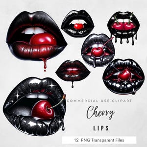 May include: Digital artwork showing multiple sets of glossy black lips with red cherries. Some lips have dripping effects. The text "Cherry Lips" and "Commercial Use Clipart" are present. The image is a collection of 12 PNG transparent files.