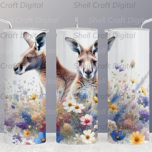 Two kangaroos wildflowers australian sublimation uv dtf - two kangaroos in a bouquet of flowers, flowers instant download outdoor
