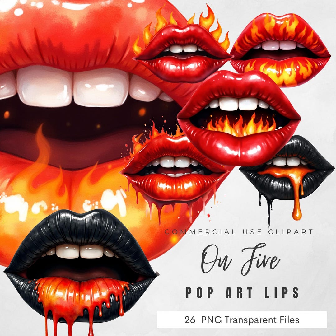 On Fire Pop Art Lips PNG Bundle | 26 Flame Lip Clipart Files ...