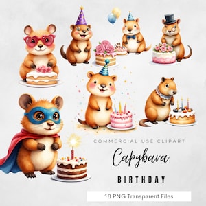 Capybara Birthday Clipart – Cute Party Capybara PNGs with Cakes, Hats Balloons, Commercial Use, Transparent Files for Sublimation & Crafts