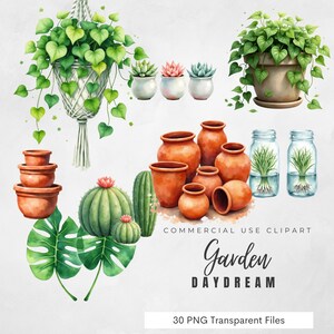 Könnte beinhalten: Eine Sammlung von Aquarellillustrationen mit verschiedenen Topfpflanzen, Hängepflanzen, Terrakottatöpfen, Kakteen und Glasgefäßen mit bewurzelten Pflanzen. Der Text lautet: COMMERCIAL USE CLIPART Garden DAYDREAM 30 PNG Transparent Files.