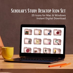 May include: A laptop displays a desktop icon set titled "Scholar's Study Desktop Icon Set." The icons are designed with a vintage aesthetic, featuring images of books, candles, quills, and seals. The text on the screen reads "25 Icons for Mac & Windows Instant Digital Download."