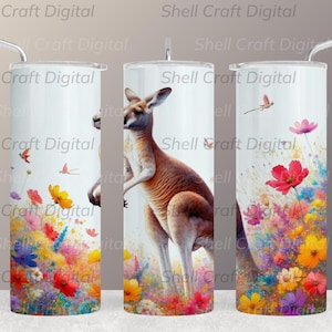 Kangaroo jumping in the wildflowers Australian sublimation uv dtf - a kangaroo in a flower garden, instant download Kangaroo tumbler wrap