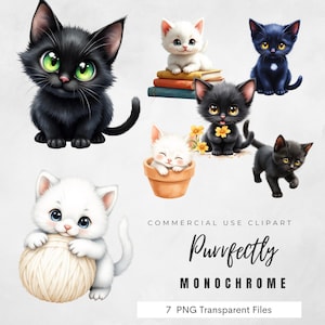 Purrfectly Monochrome Clipart | Black and White Cat PNGs for Stickers, Crafts, and Sublimation