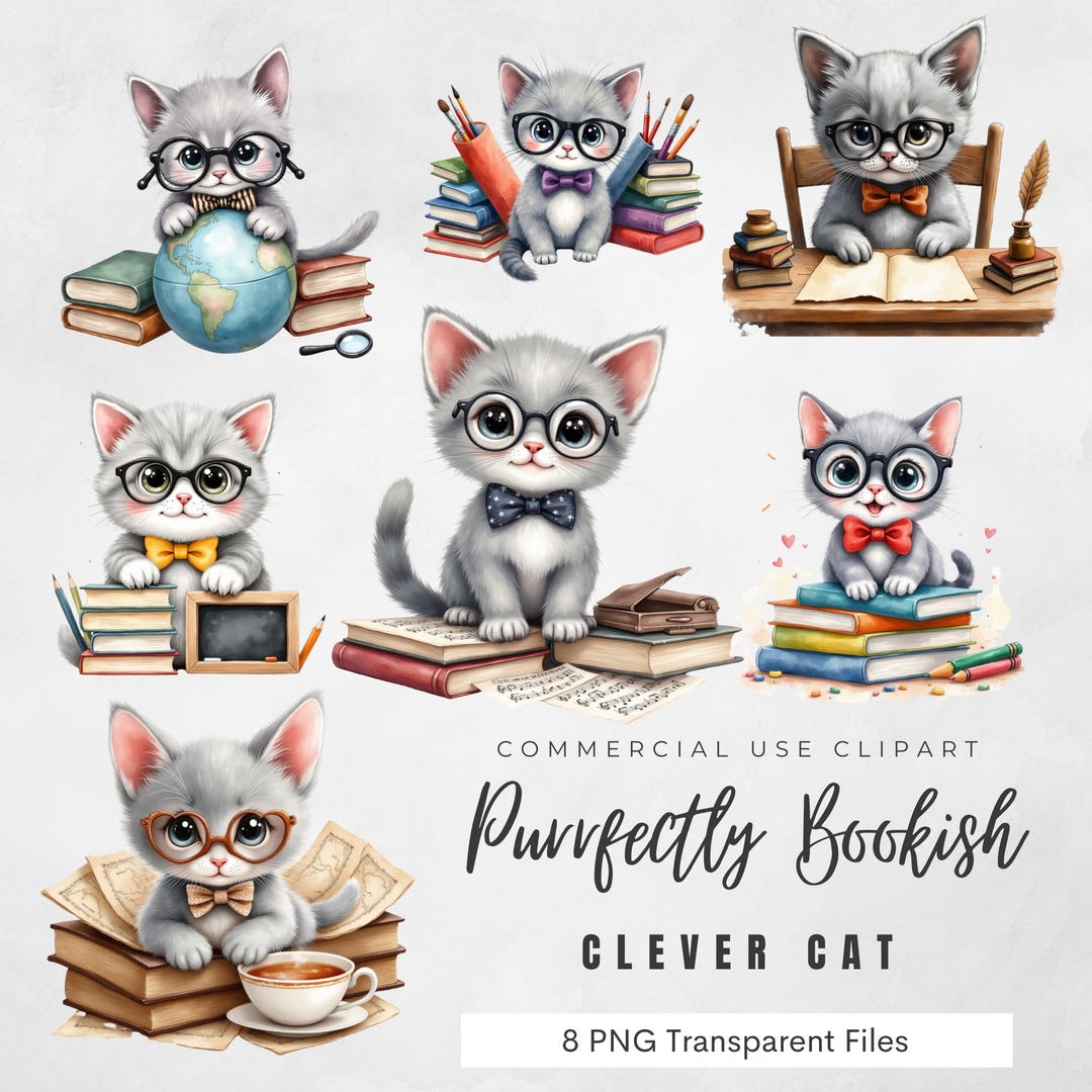 Bookish Cat Clipart: Nerdy Kitten PNG Graphics for Commercial Use