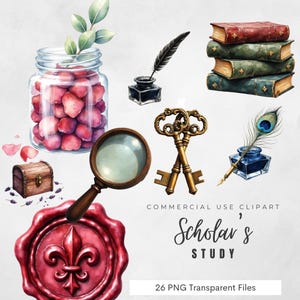 May include: A digital illustration set featuring a glass jar with red berries and leaves, a black quill in an inkwell, a stack of three books, a magnifying glass, two brass keys, a small wooden chest, and a red wax seal with a fleur-de-lis.