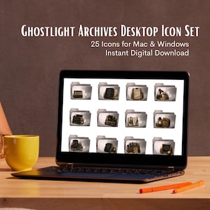 May include: A laptop screen displaying a collection of 25 digital folder icons titled Ghostlight Archives Desktop Icon Set. The icons feature vintage-style illustrations of books, lanterns, and writing tools on a white background within folders.