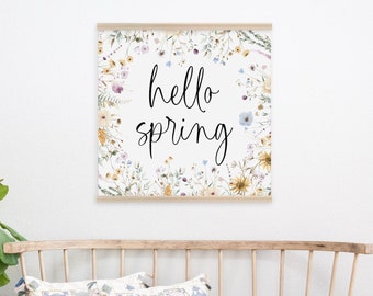 Hello Spring Sign, Floral Spring Wall Art Canvas, Large Botanical Art, Spring Signs for Easter