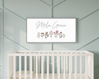 Custom Baby Girl Name Sign, Boho Nursery Decor, Wood Signs, Kids Room Decor for Girl, Wildflower Boho Wall Art