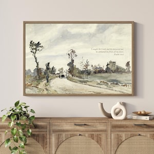 Psalm 34:4 Scripture, Large Christian Wall Art, Living Room Wall Art, Framed Vintage Landscape Watercolor Wall Art, Framed Wood Wall Art