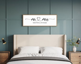 Mr and Mrs sign, custom last name sign, anniversay date, wedding gift for couple, anniversay gift, master bedroom wall decor over the bed