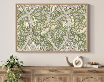 Art mural textile botanique vintage Williams Morris | Enseigne verte avec cadre en bois à motif floral