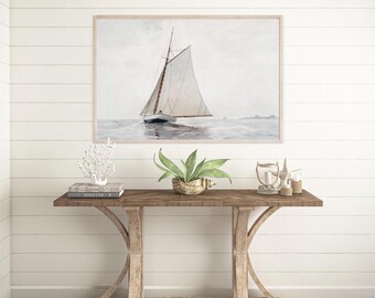 Vintage Sailboat Wall Decor | Coastal Beach House Art | Wood Framed Nautical Print