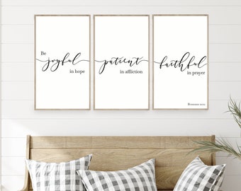 scripture wall art, romans 12 12, set of 3, wood framed signs, be joyful in hope patient in affliction faithful in prayer sign, bible verse