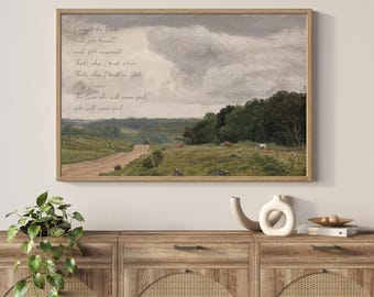 Puede incluir: Una impresión de arte de paisaje en un marco de madera que muestra un campo verde, un camino de tierra y un cielo nublado con texto en cursiva. El texto dice: I sought the Lord, and He heard, and He answered. That's why I trust Him. That's why I trust Him. He is my Savior. The One who will never fail. He will never fail.