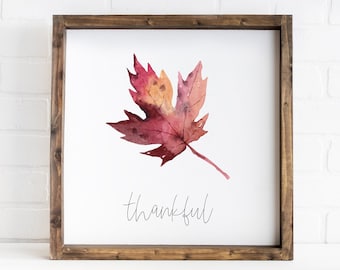 thankful fall sign, thanksgiving decor with leaves, wood framed signs, autumn decor, thanksgiving signs, fall wall decor, wooden signs