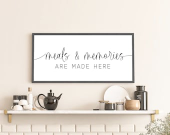 Meals And Memories Are Made Here Sign | Kitchen Wall Decor | Wood Framed Sign | Rustic Home Decor | Farmhouse Kitchen | Kitchen Decor