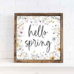 hello spring sign with flowers, floral framed wall art, spring decor, home wall decor for spring, botanical wall art, watercolor floral sign