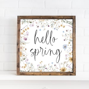 hello spring sign with flowers, floral framed wall art, spring decor, home wall decor for spring, botanical wall art, watercolor floral sign