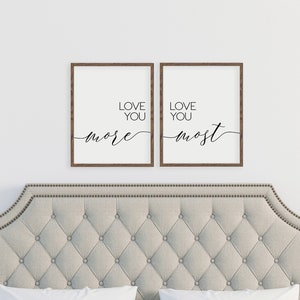 master bedroom wall decor over the bed, love you more love you most, bedrooms signs, bedroom wall art, love you more sign, set of two