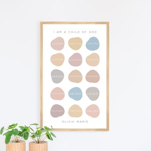 Christian affirmations wall art for kid, I am a child of God sign, kids room wall decor for girls, wall art for kids, boho abstract wall art
