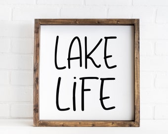 Lake Life Wooden Framed Square Sign, Cabin Decor Summer Home Wall Art