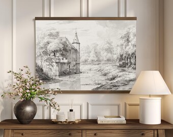 Black & White Landscape Tapestry | Vintage Canvas Wall Art | Extra Large Wall Decor