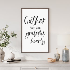gather here with grateful heats, dining room wall decor, gather sign, dining room signs, wood framed signs, vertical wall decor