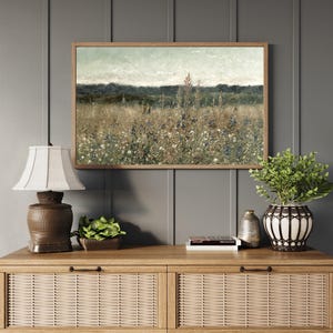 Vintage Wildflower Field Framed Wood Sign | Botanical Meadow Landscape Wall Art | Large Rustic Home Decor