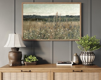 Vintage Wildflower Field Framed Wood Sign | Botanical Meadow Landscape Wall Art | Large Rustic Home Decor