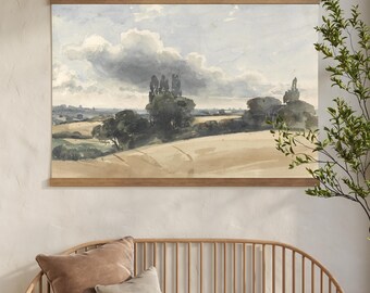 Vintage Watercolor Landscape Canvas Wall Hanging, Neutral Living Room Art