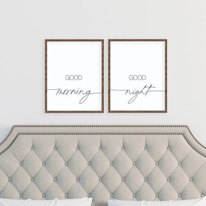 bedroom wall decor over the bed, good morning good night set of two signs, bedroom home wall decor, bedroom signs, above the bed signs