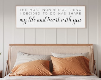 May include: A rectangular wall sign with a light wood frame and a white background. The text reads: THE MOST WONDERFUL THING I DECIDED TO DO WAS SHARE my life and heart with you. The lettering is in a mix of black sans-serif and script fonts.