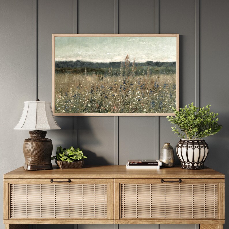 Close-up of botanical wildflower field artwork with soft vintage landscape tones