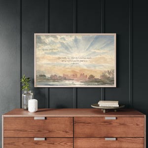 Psalm 118:24 framed scripture wall art with vintage sunset watercolor and Christian Bible verse