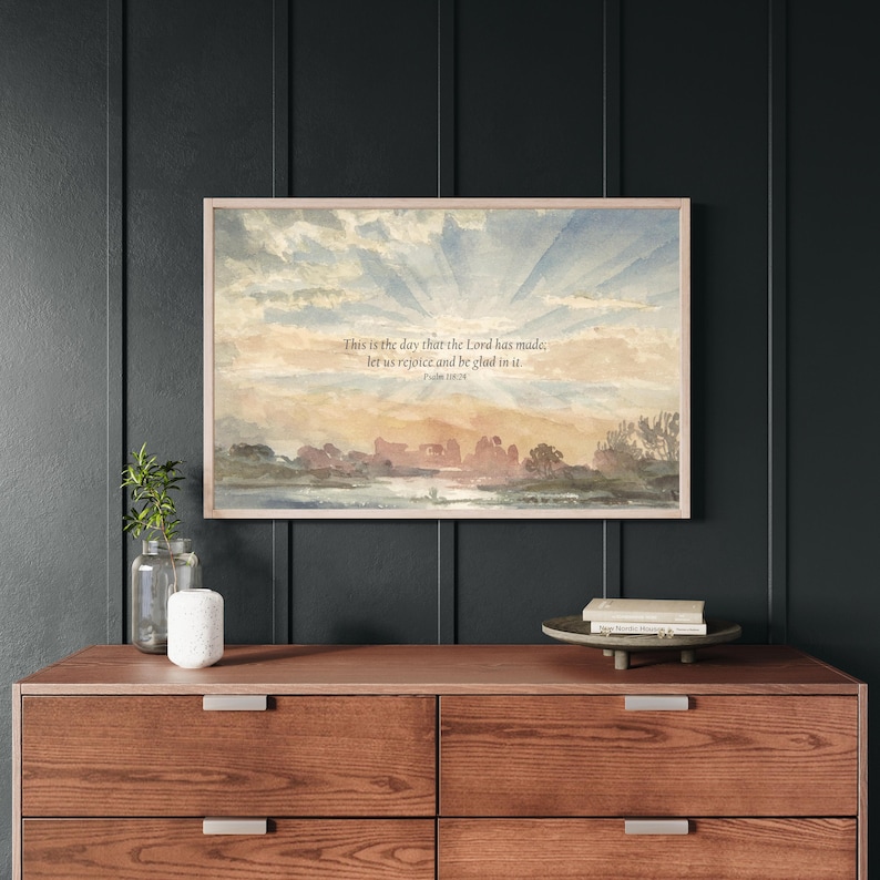 Psalm 118:24 framed scripture wall art with vintage sunset watercolor and Christian Bible verse