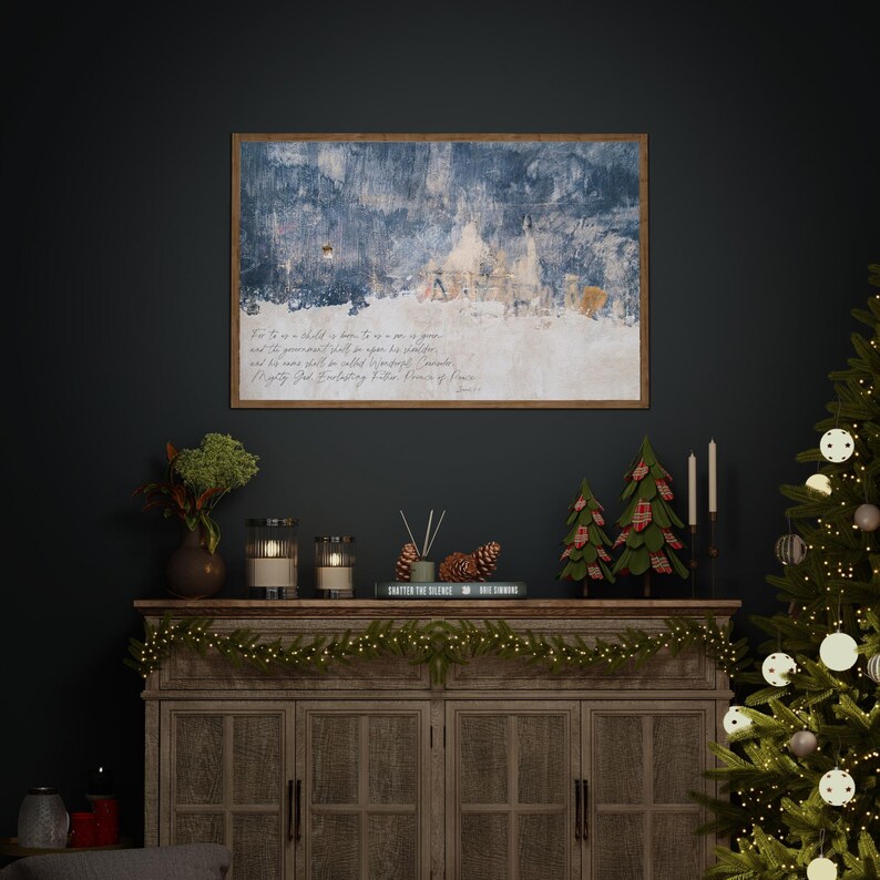 Large Christian Christmas Abstract Wall Art, Isiah 9:6 Scripture, Framed Abstract Christmas Decor, Living Room Wall Art, Framed Canvas Art image 2