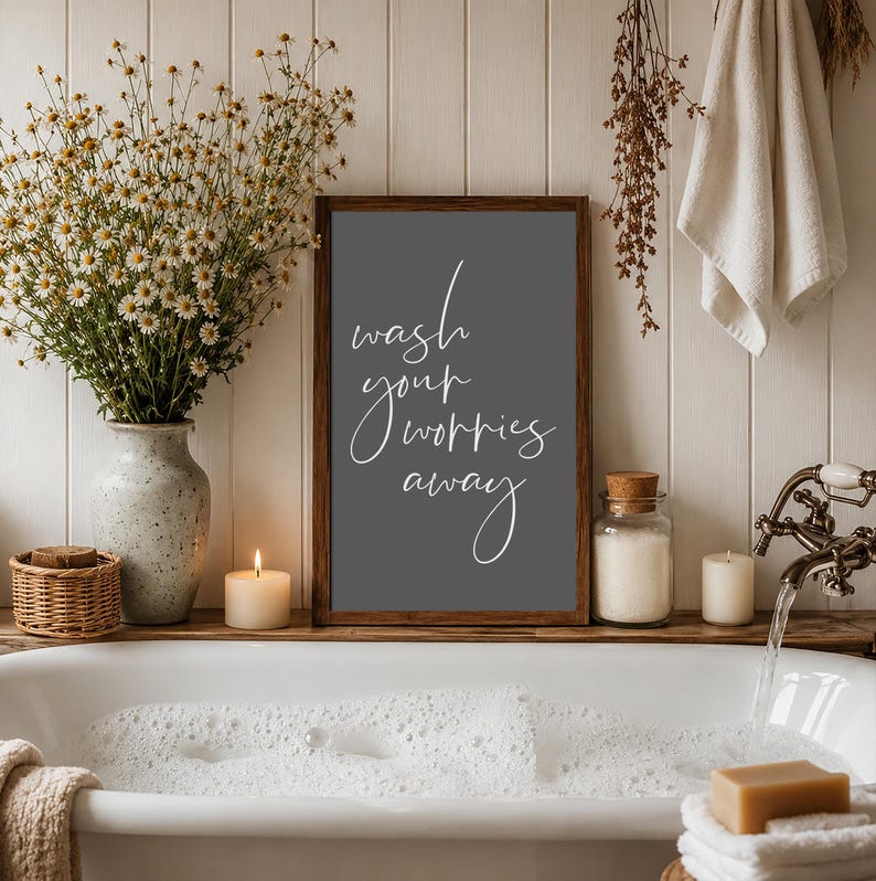 Wash Your Worries Away Sign, Bathroom Wall Decor, Vertical Wood Wall Art Bild 3