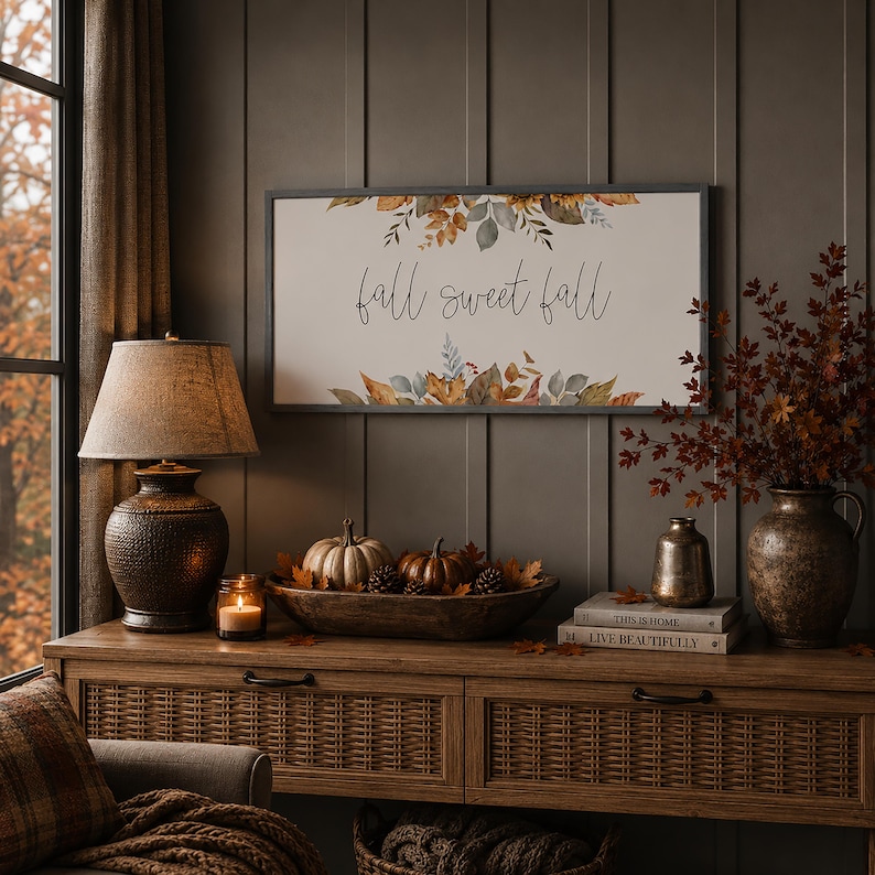 fall sign, fall botanical decor, fall sweet fall sign, wood framed signs, fall decorations for home, living room wall decor zdjęcie 1