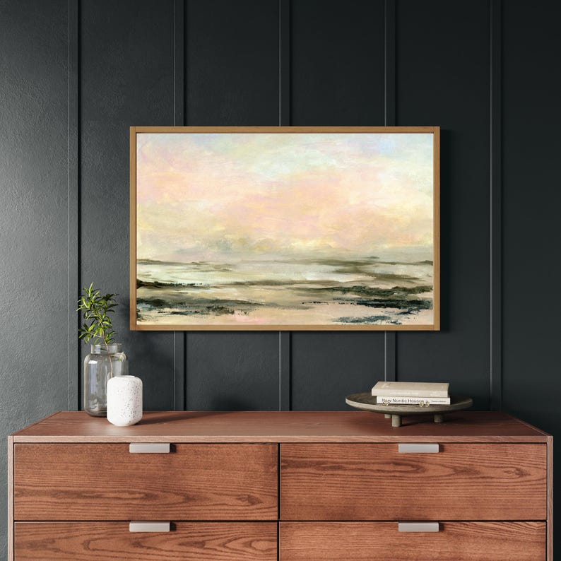 Painterly abstract coastal artwork with horizon-inspired design
