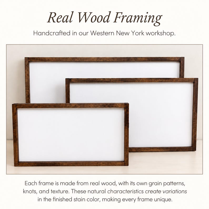May include: Three rectangular wooden frames with dark brown stained finish and white centers. Text reads: Real Wood Framing, Handcrafted in our Western New York workshop. Each frame is made from real wood, with its own grain patterns, knots, and texture.