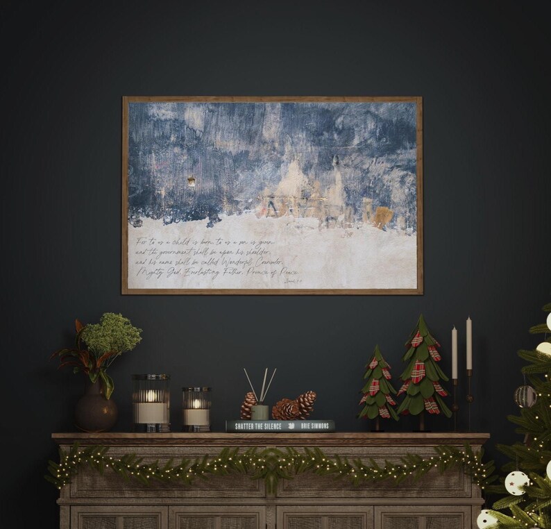 Large Christian Christmas Abstract Wall Art, Isiah 9:6 Scripture, Framed Abstract Christmas Decor, Living Room Wall Art, Framed Canvas Art image 1