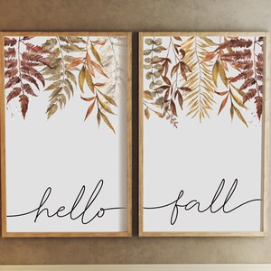 fall wall decor, hello fall sign, botanical wall art, fall decor, fall signs with leaves, wood framed signs, fall home decor, colorful signs image 2