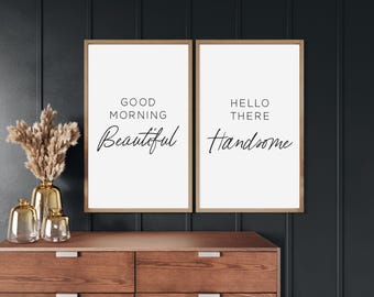 Good Morning Beautiful Hello There Handsome Wood Signs, Couples Bedroom Decor