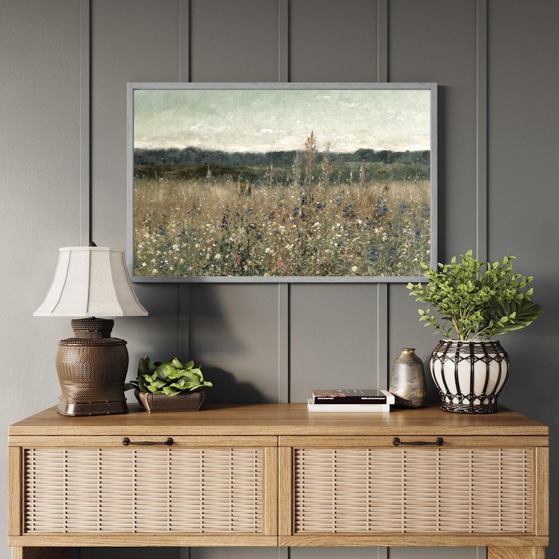 Wood framed wall sign featuring a vintage wildflower field landscape design